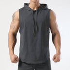 Men's sleeveless hooded gym tank with drop armholes, bodybuilder cut
