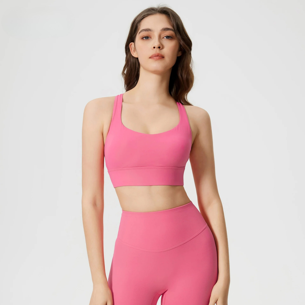 Women's high-support cross-back sports bra for running and HIIT with removable pads