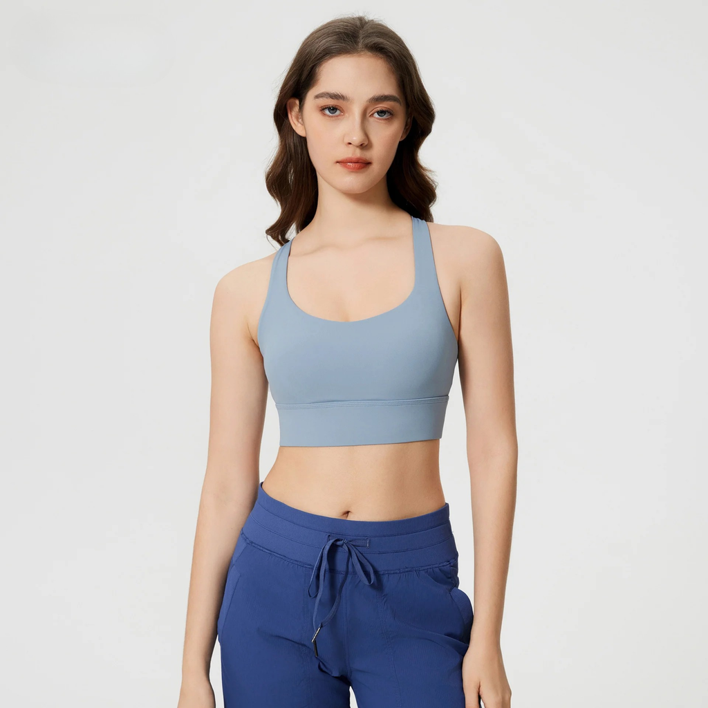 Women's high-support cross-back sports bra for running and HIIT with removable pads