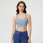 Women's high-support cross-back sports bra for running and HIIT with removable pads