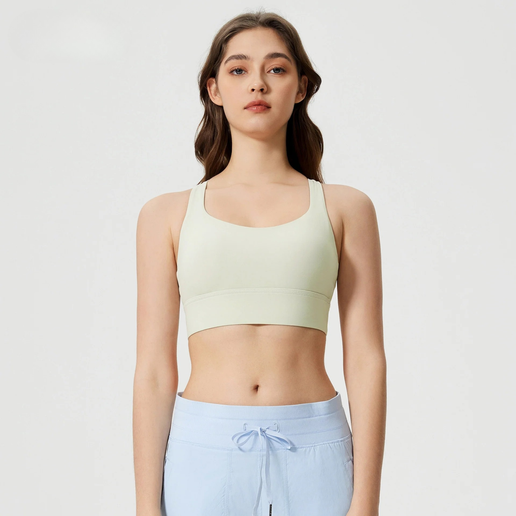 Women's high-support cross-back sports bra for running and HIIT with removable pads