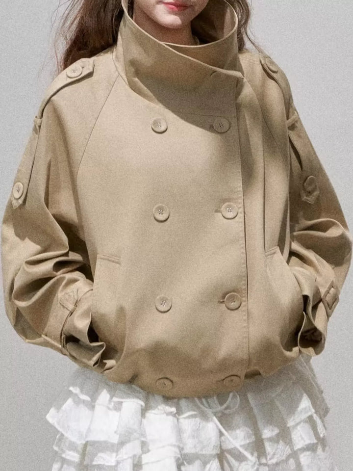 Double-Breasted Stand Collar Cropped Trench Jacket