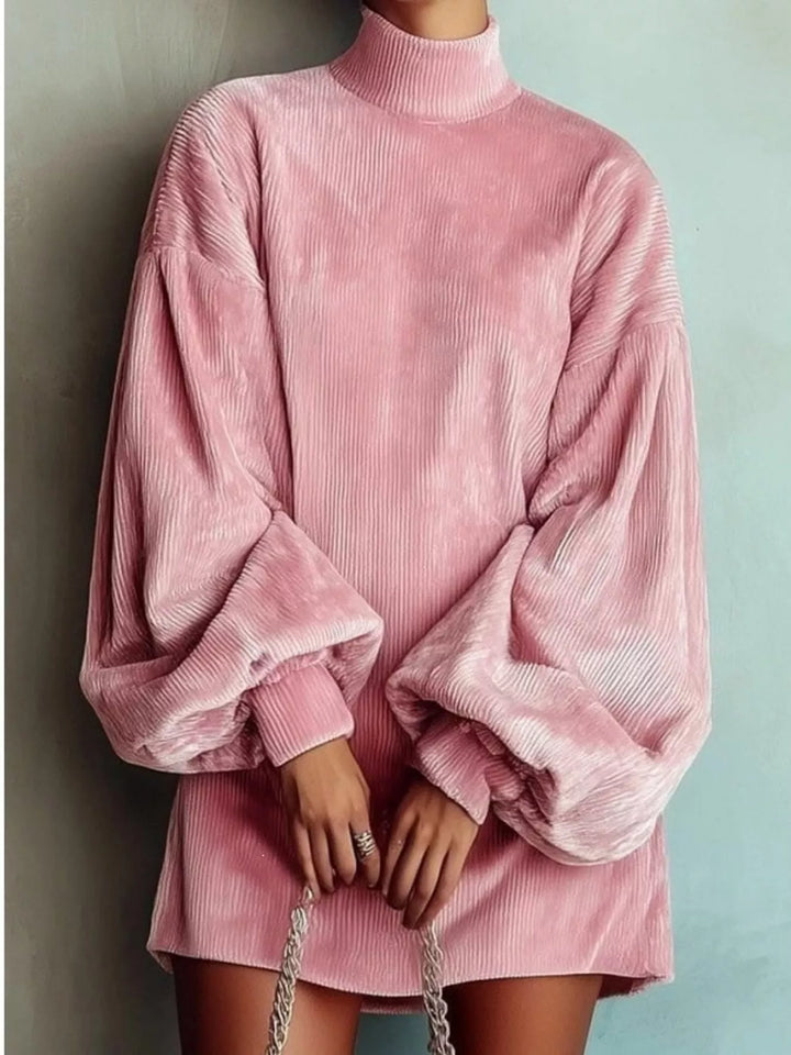 Corduroy Mock Neck Lantern Sleeve Mini Dress