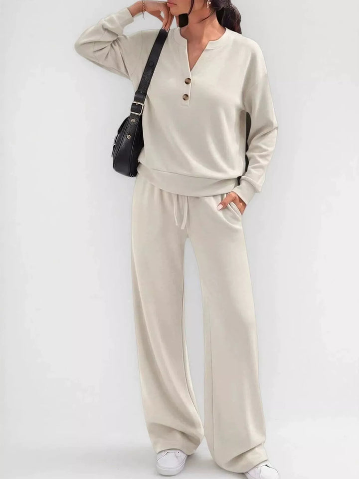 Button Detail Top and Wide-Leg Pants Set