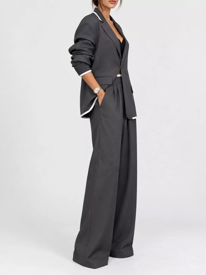 Full Size Oversized Blazer and Wide-Leg Pants Set with Contrast Trim Plus Size