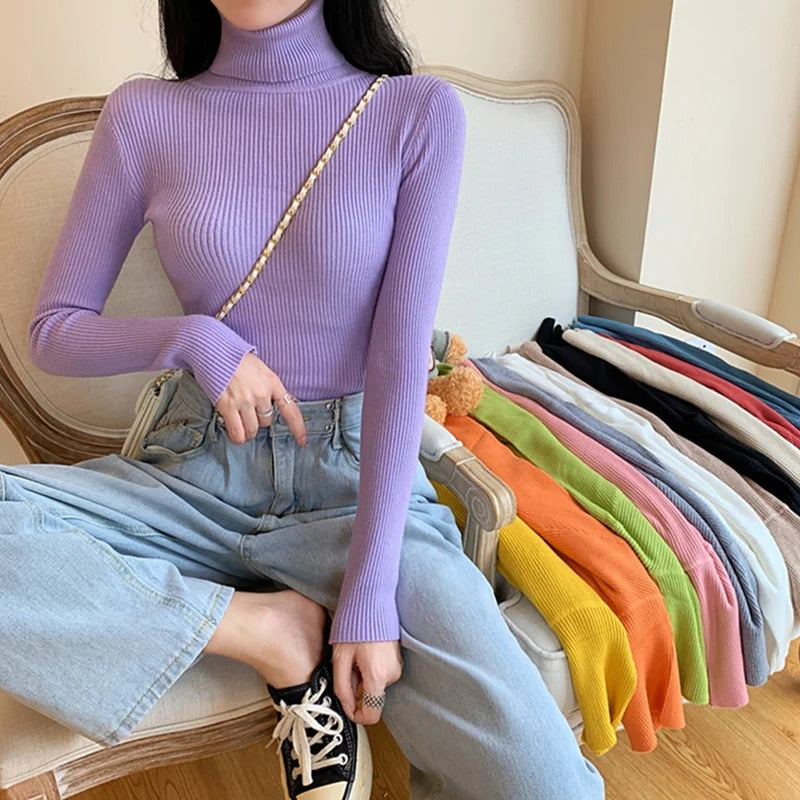 Women's ribbed knit turtleneck sweater, fitted with long sleeves
