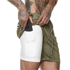 Men's 2-in-1 training shorts with outer layer and built-in compression liner
