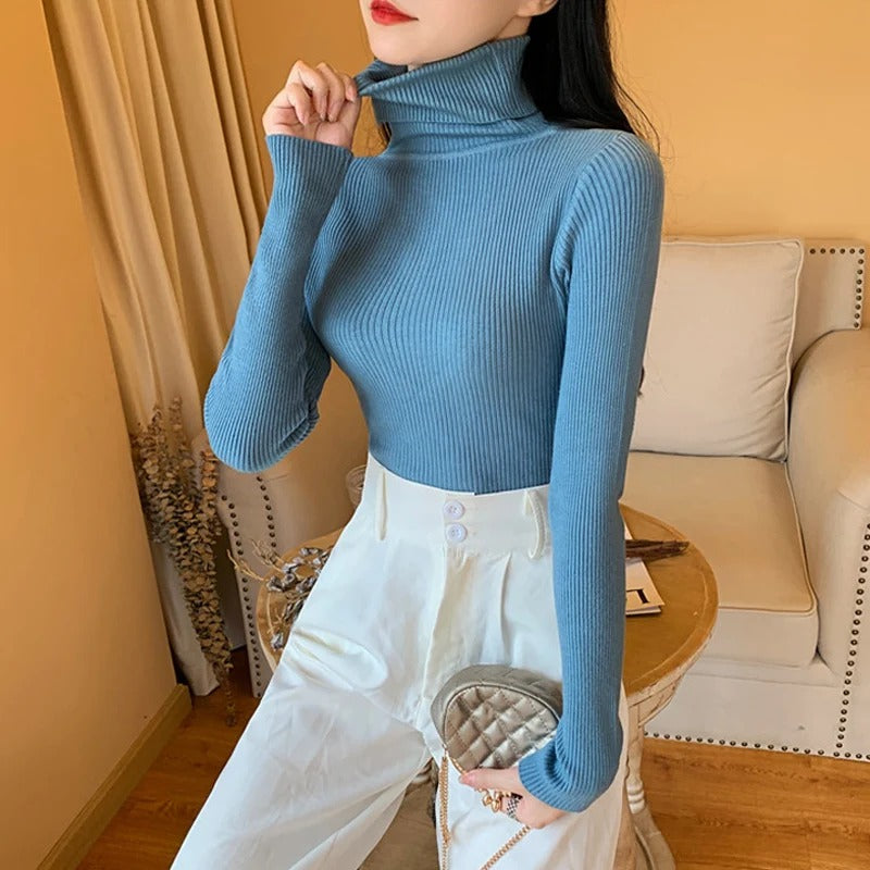 Women's ribbed knit turtleneck sweater, fitted with long sleeves