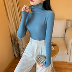 Women's ribbed knit turtleneck sweater, fitted with long sleeves