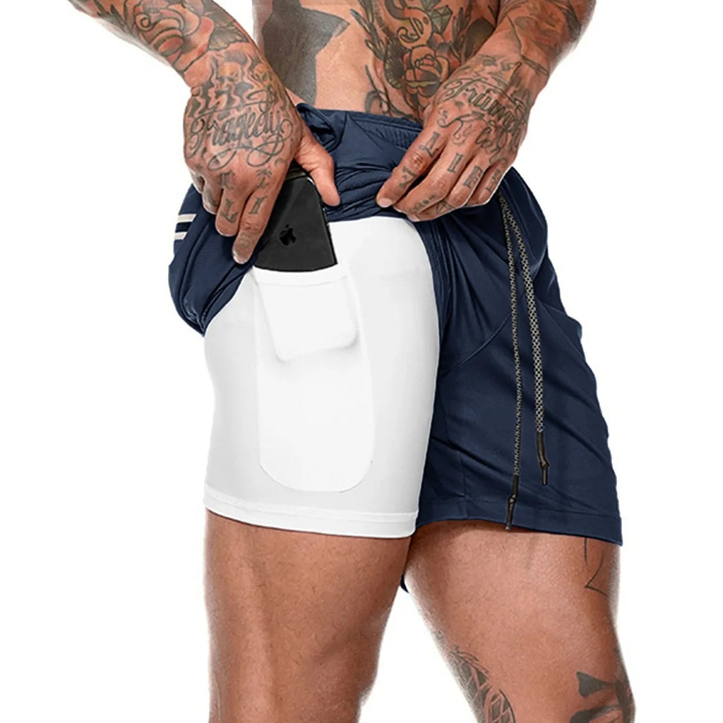 Men's 2-in-1 training shorts with outer layer and built-in compression liner