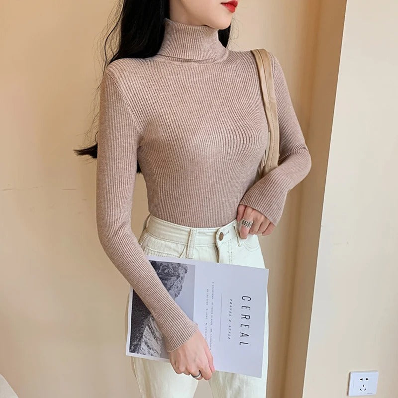 Women's ribbed knit turtleneck sweater, fitted with long sleeves