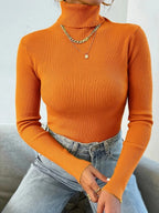 Women's ribbed knit turtleneck sweater, fitted with long sleeves