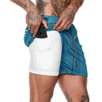 Men's 2-in-1 training shorts with outer layer and built-in compression liner