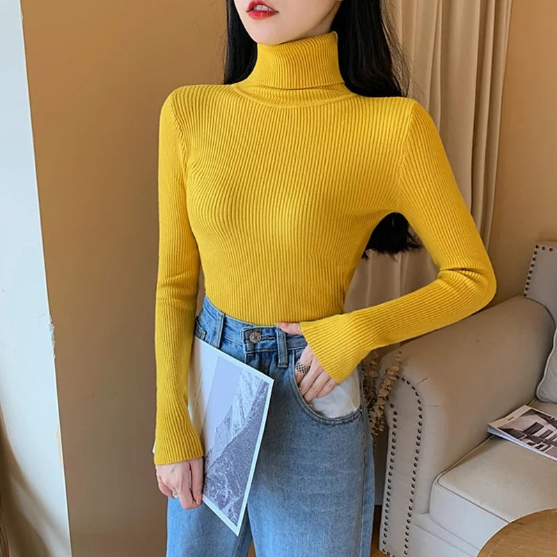 Women's ribbed knit turtleneck sweater, fitted with long sleeves