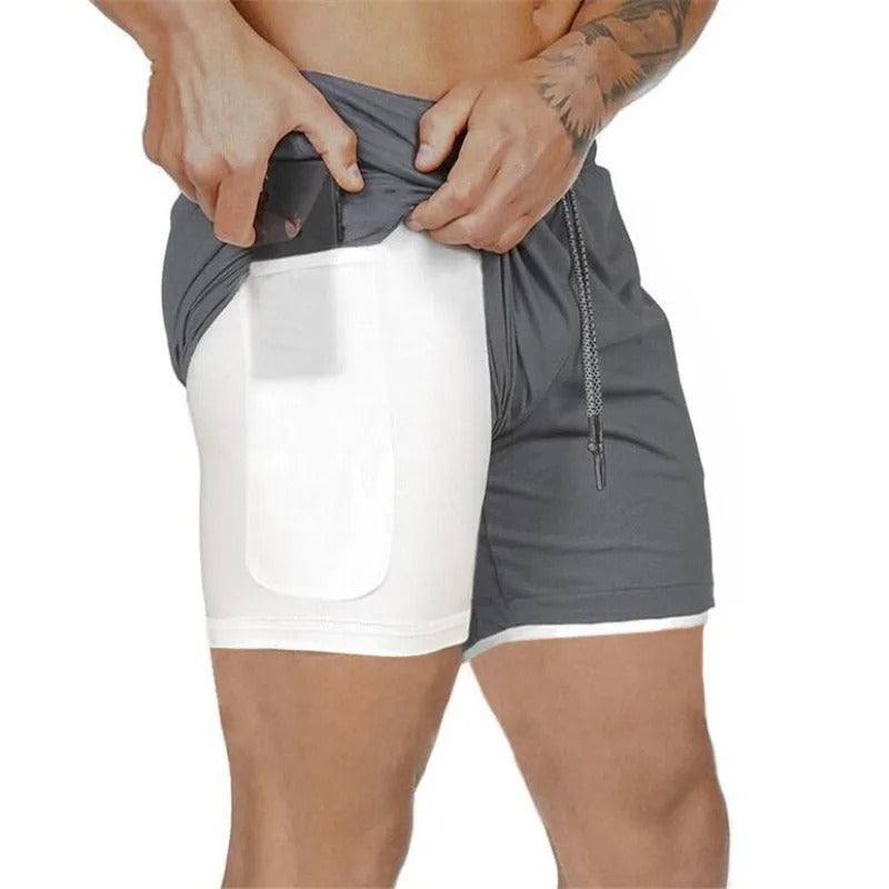 Men's 2-in-1 training shorts with outer layer and built-in compression liner