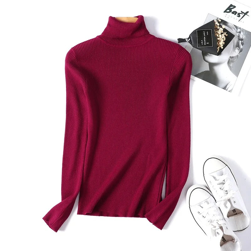 Women's ribbed knit turtleneck sweater, fitted with long sleeves