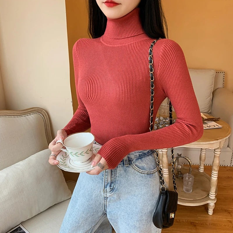 Women's ribbed knit turtleneck sweater, fitted with long sleeves
