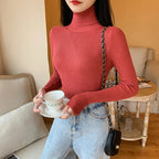 Women's ribbed knit turtleneck sweater, fitted with long sleeves