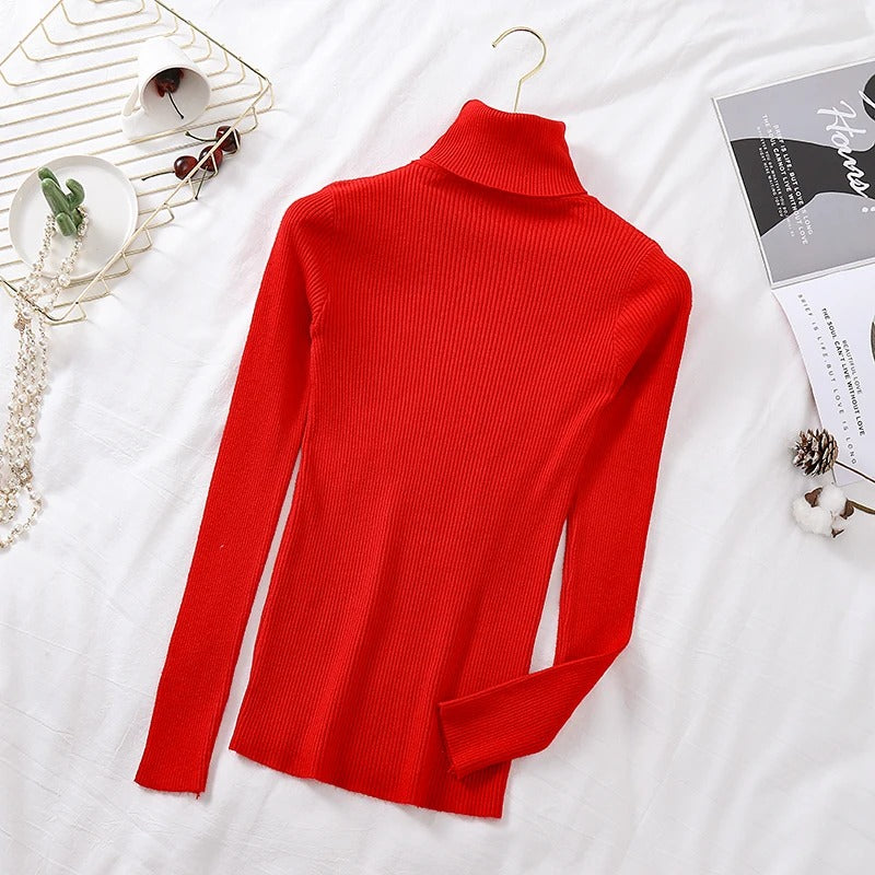 Women's ribbed knit turtleneck sweater, fitted with long sleeves