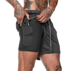 Men's 2-in-1 training shorts with outer layer and built-in compression liner