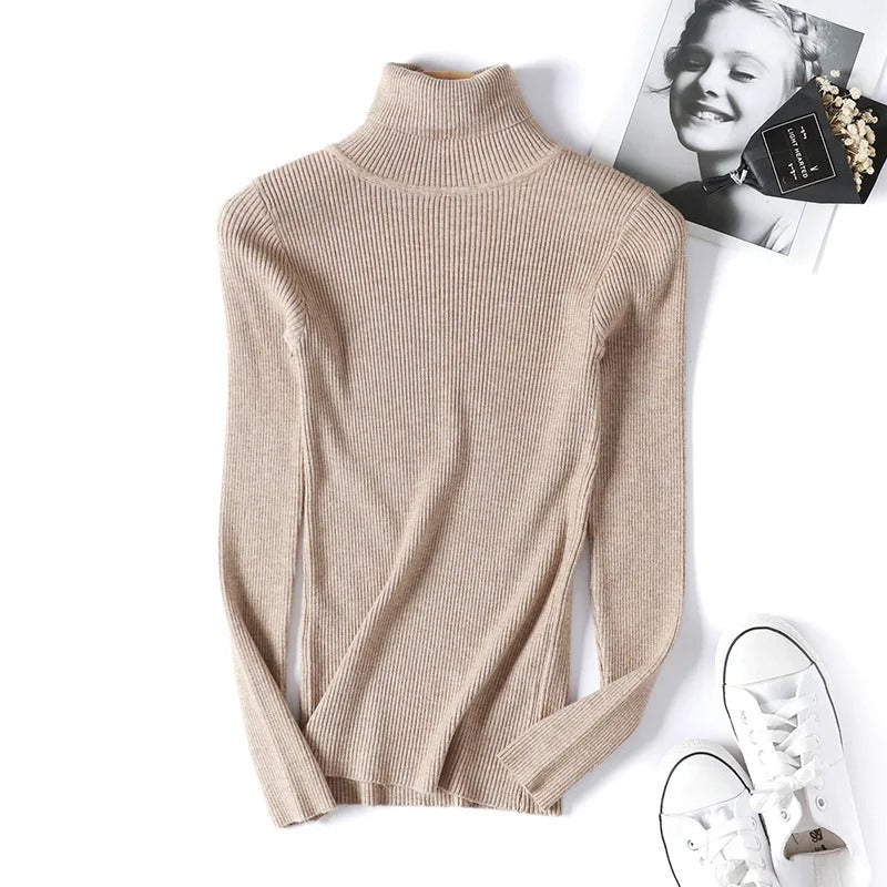 Women's ribbed knit turtleneck sweater, fitted with long sleeves