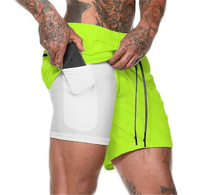 Men's 2-in-1 training shorts with outer layer and built-in compression liner
