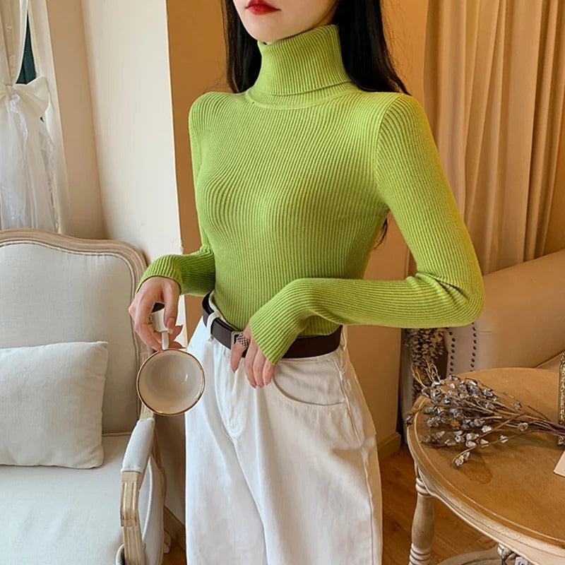 Women's ribbed knit turtleneck sweater, fitted with long sleeves