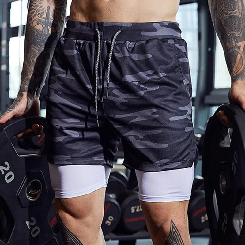 Men's 2-in-1 training shorts with outer layer and built-in compression liner
