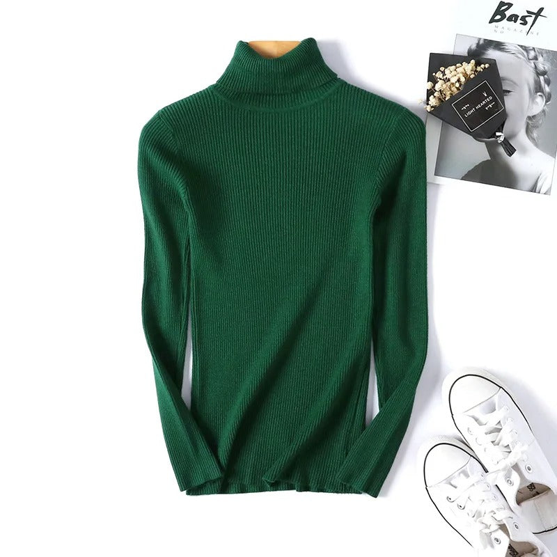 Women's ribbed knit turtleneck sweater, fitted with long sleeves