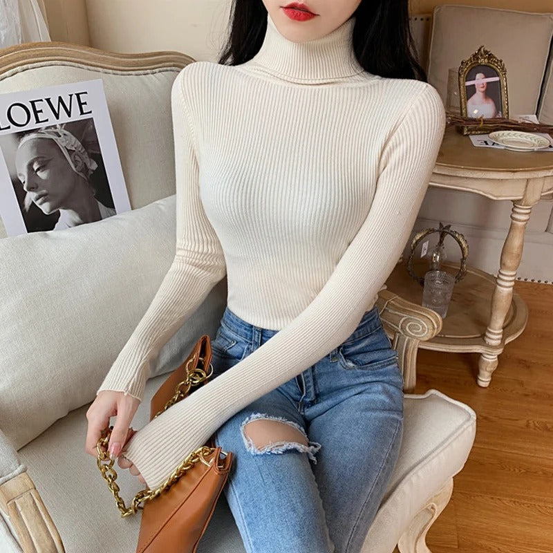 Women's ribbed knit turtleneck sweater, fitted with long sleeves