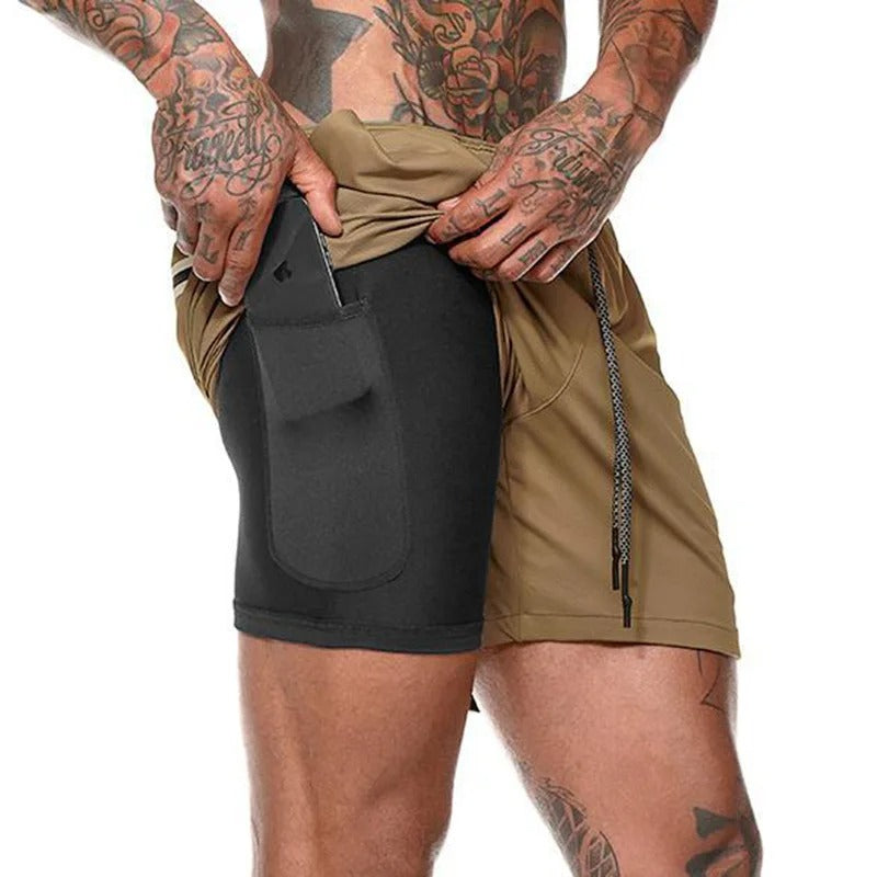 Men's 2-in-1 training shorts with outer layer and built-in compression liner