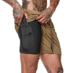 Men's 2-in-1 training shorts with outer layer and built-in compression liner