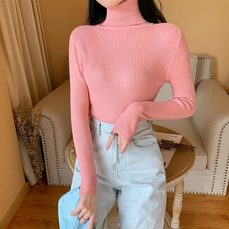 Women's ribbed knit turtleneck sweater, fitted with long sleeves