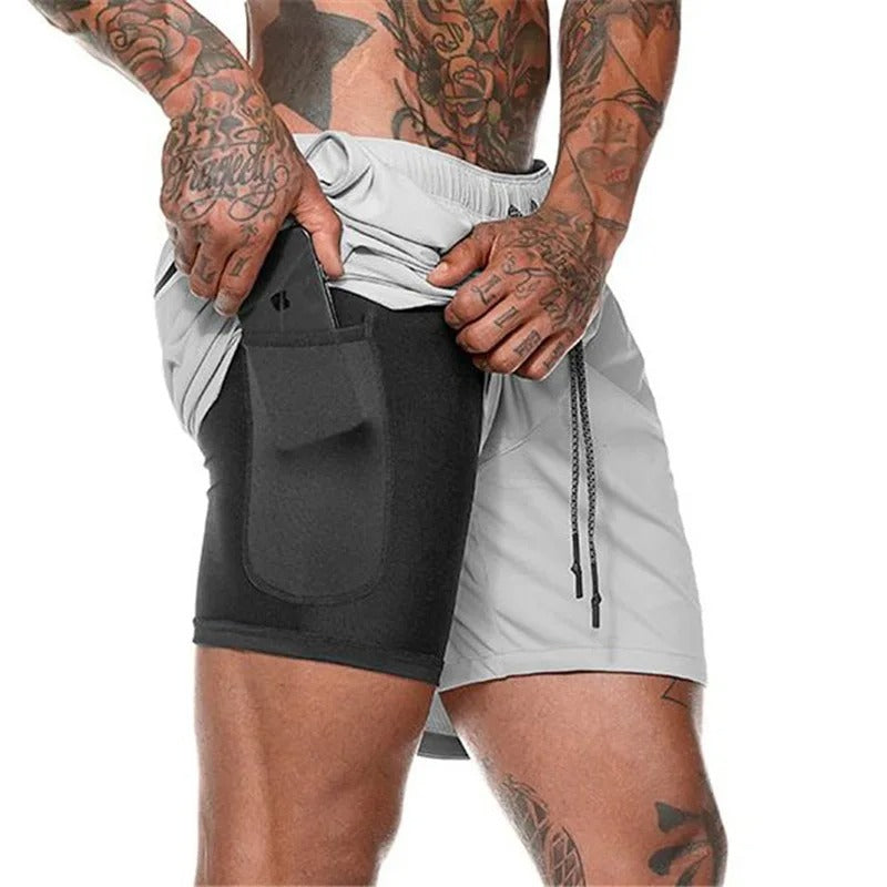 Men's 2-in-1 training shorts with outer layer and built-in compression liner